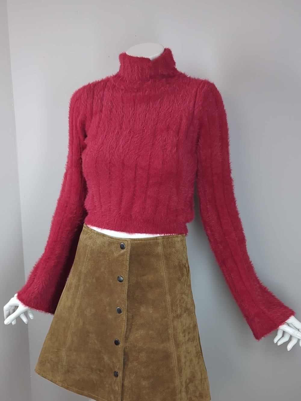 Forever 21 Fuzzy Crop Turtleneck Sweater - Deep Red Bell Sleeve M